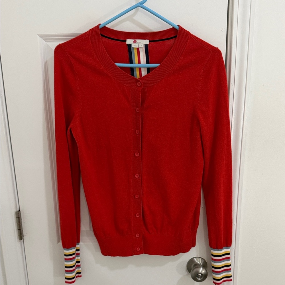 Boden Red Button-Front Cardigan with Multi-Stripe Cuff Detail